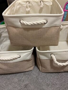 Neutral Canvas and Rope Handle Storage Bins - Cream & Tan (Set)